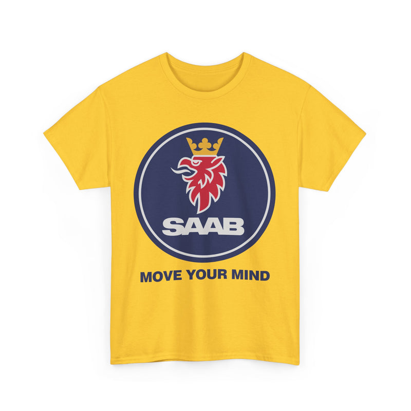 Load image into Gallery viewer, Saab Move Your Mind Crowned Griffin Blue Circle Logo T-shirt