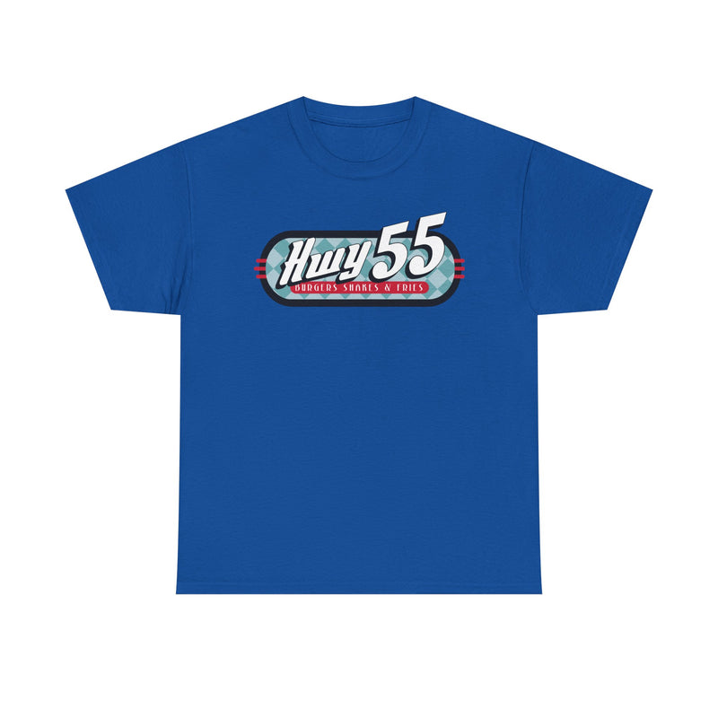 Load image into Gallery viewer, Hwy 55 Burgers Shakes Fries T-Shirt Defunct Restaurant Bankrupt Logo Tee