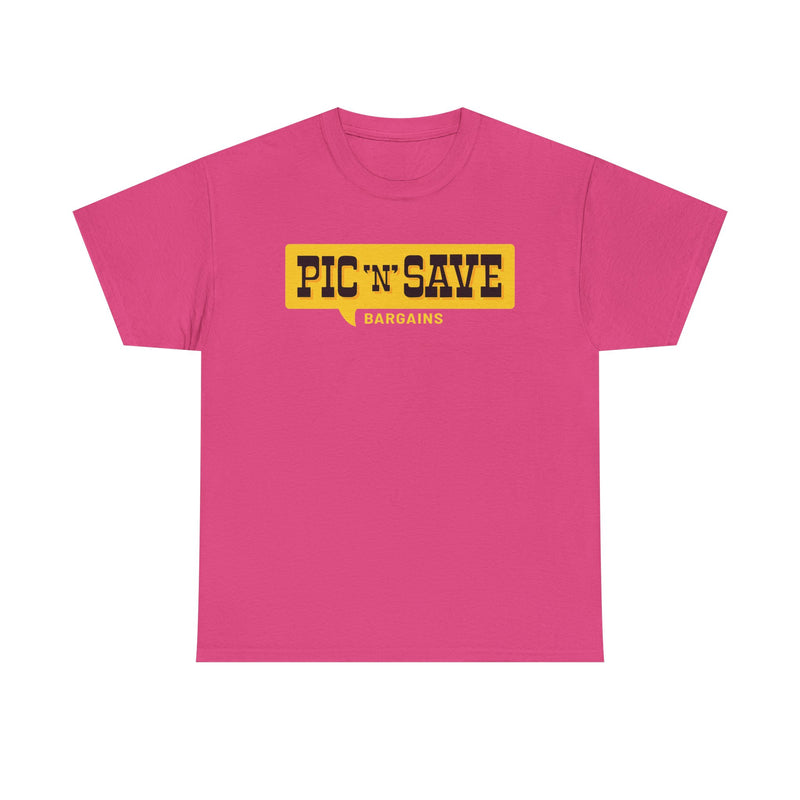 Load image into Gallery viewer, Pic N Save Bargains Yellow Speech Bubble Discount Store Chain T-shirt