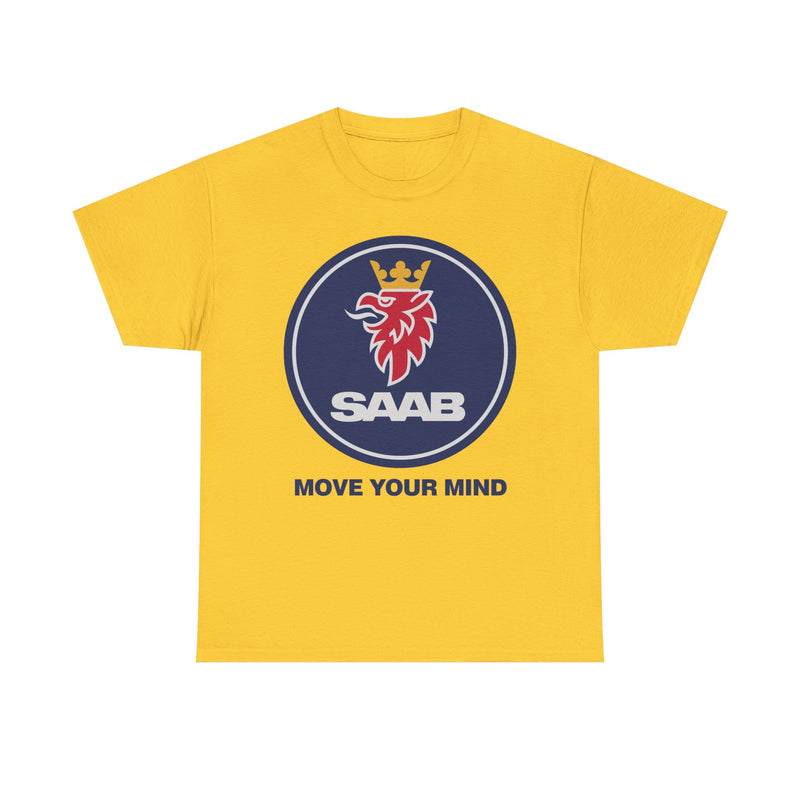Load image into Gallery viewer, Saab Move Your Mind Crowned Griffin Blue Circle Logo T-shirt