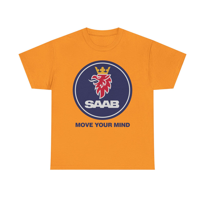 Load image into Gallery viewer, Saab Move Your Mind Crowned Griffin Blue Circle Logo T-shirt