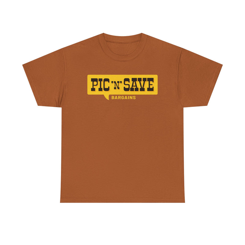 Load image into Gallery viewer, Pic N Save Bargains Yellow Speech Bubble Discount Store Chain T-shirt