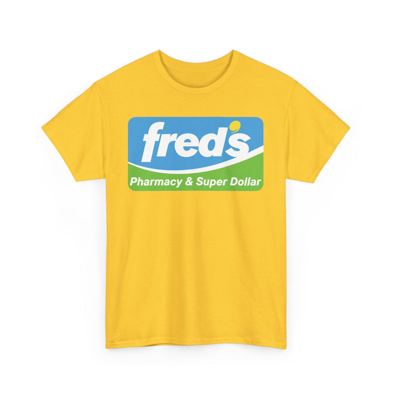 Load image into Gallery viewer, Fred&#39;s Pharmacy &amp; Super Dollar Blue Green Retro Logo T-Shirt
