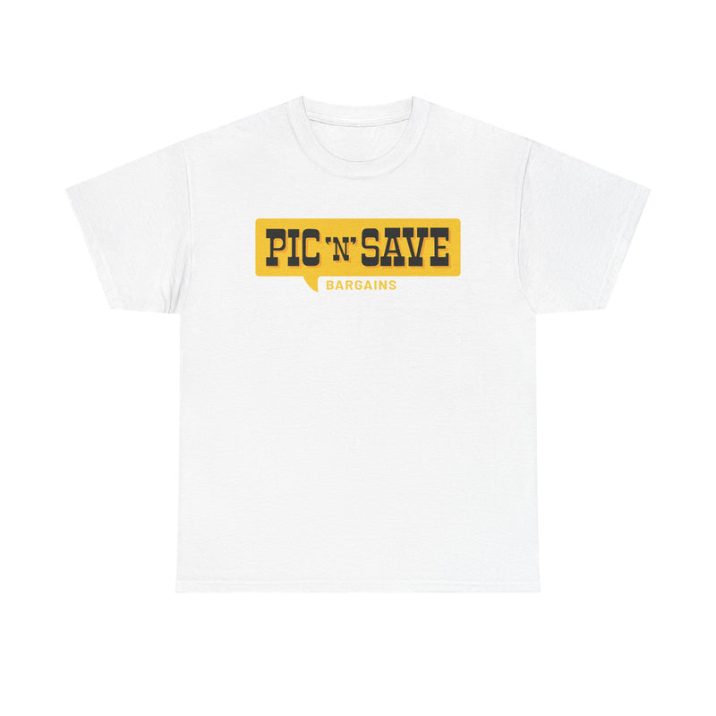 Load image into Gallery viewer, Pic N Save Bargains Yellow Speech Bubble Discount Store Chain T-shirt
