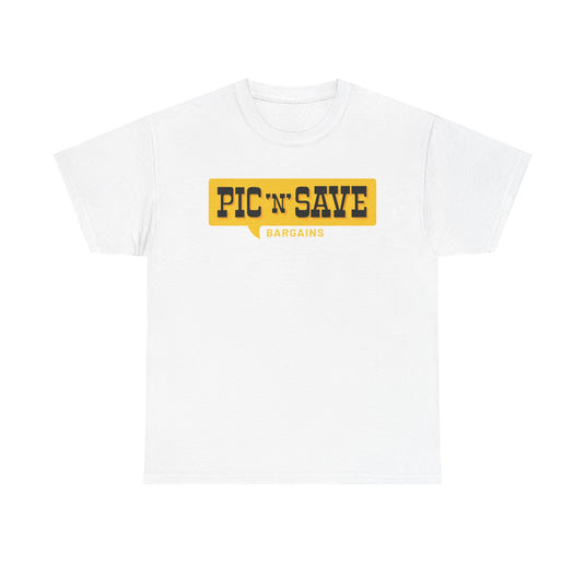 Pic N Save Bargains Yellow Speech Bubble Discount Store Chain T-shirt