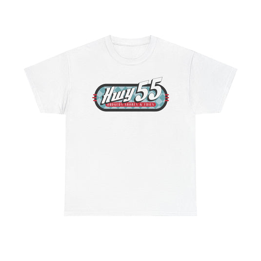 Hwy 55 Burgers Shakes Fries T-Shirt Defunct Restaurant Bankrupt Logo Tee