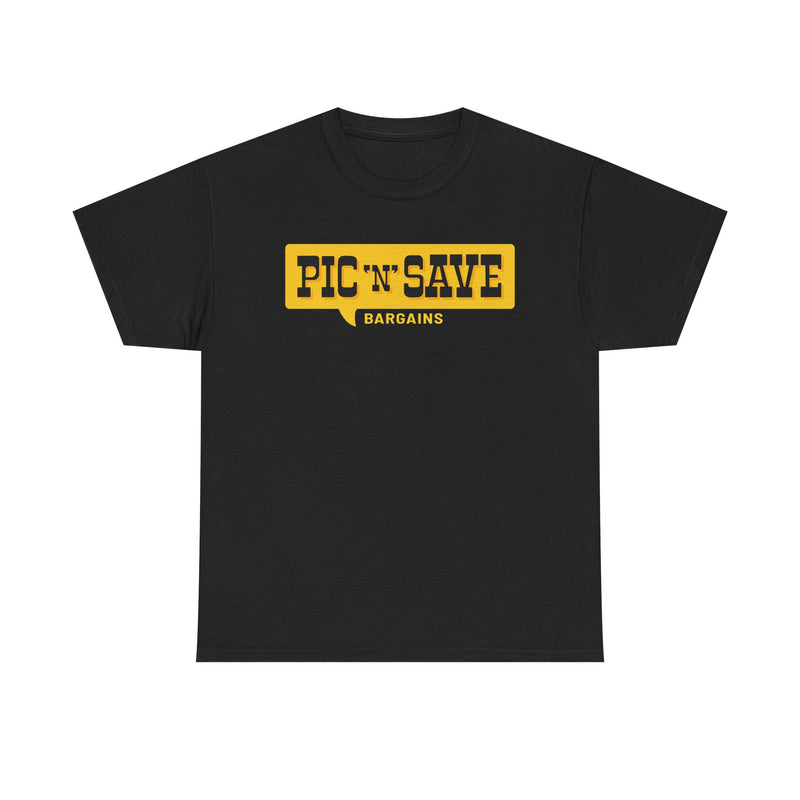 Load image into Gallery viewer, Pic N Save Bargains Yellow Speech Bubble Discount Store Chain T-shirt
