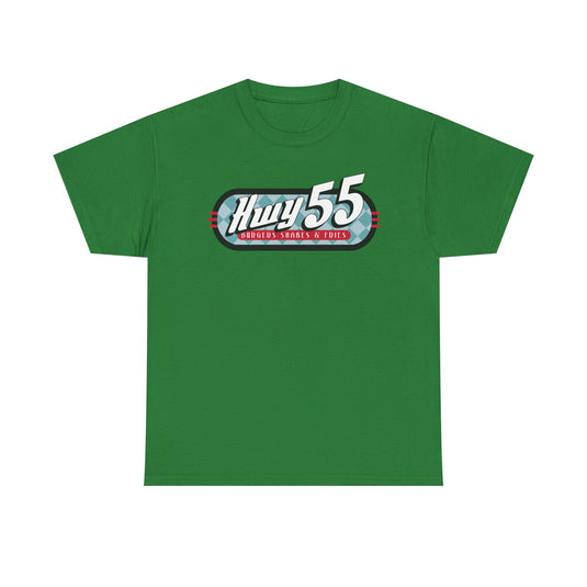 Hwy 55 Burgers Shakes Fries T-Shirt Defunct Restaurant Bankrupt Logo Tee