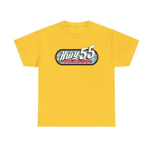 Hwy 55 Burgers Shakes Fries T-Shirt Defunct Restaurant Bankrupt Logo Tee