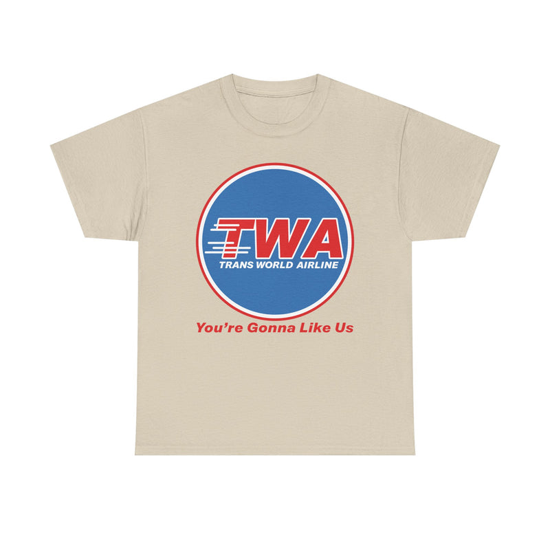 Load image into Gallery viewer, TWA Trans World Airline Classic Globe Logo Gonna Like Us T-shirt
