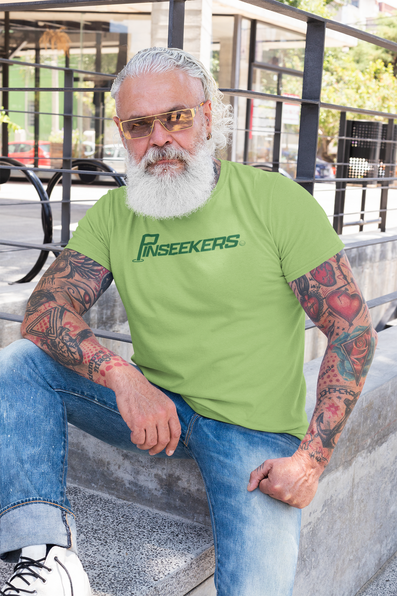Load image into Gallery viewer, DeForest PinSeekers T-Shirt Defunct Golf Course Bankrupt Company Logo Tee
