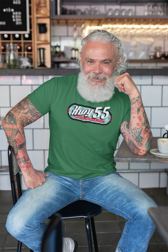 Hwy 55 Burgers Shakes Fries T-Shirt Defunct Restaurant Bankrupt Logo Tee