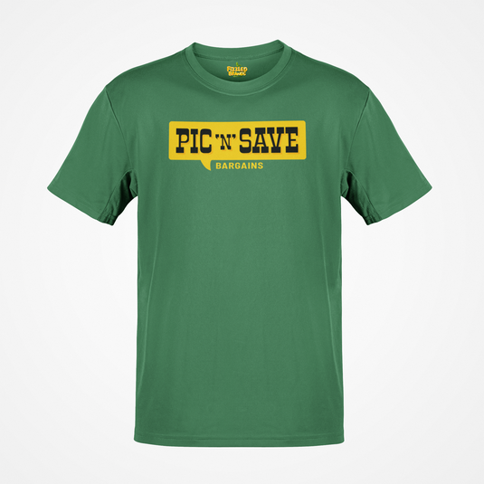 Pic N Save Bargains Yellow Speech Bubble Discount Store Chain T-shirt