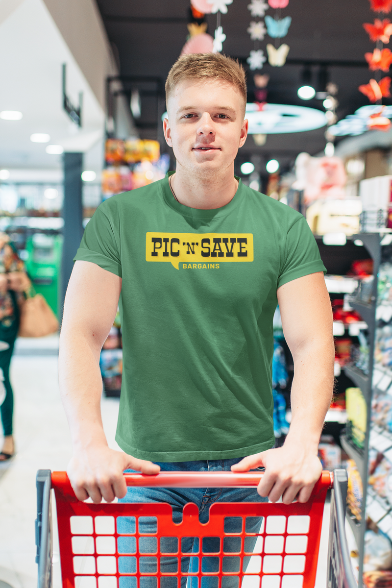 Load image into Gallery viewer, Pic N Save Bargains Yellow Speech Bubble Discount Store Chain T-shirt
