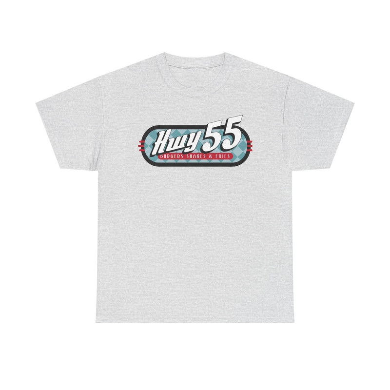 Load image into Gallery viewer, Hwy 55 Burgers Shakes Fries T-Shirt Defunct Restaurant Bankrupt Logo Tee
