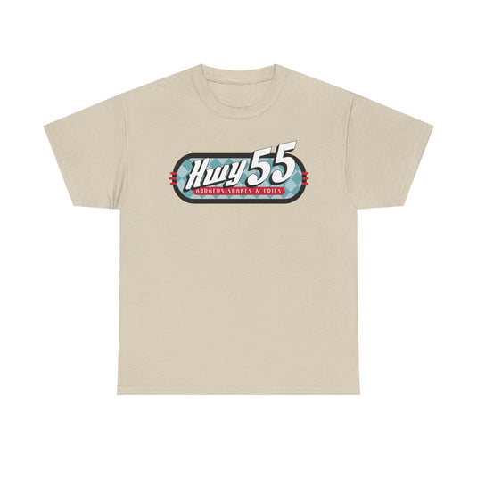 Hwy 55 Burgers Shakes Fries T-Shirt Defunct Restaurant Bankrupt Logo Tee