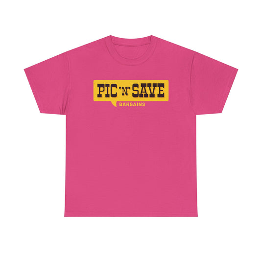 Pic N Save Bargains Yellow Speech Bubble Discount Store Chain T-shirt