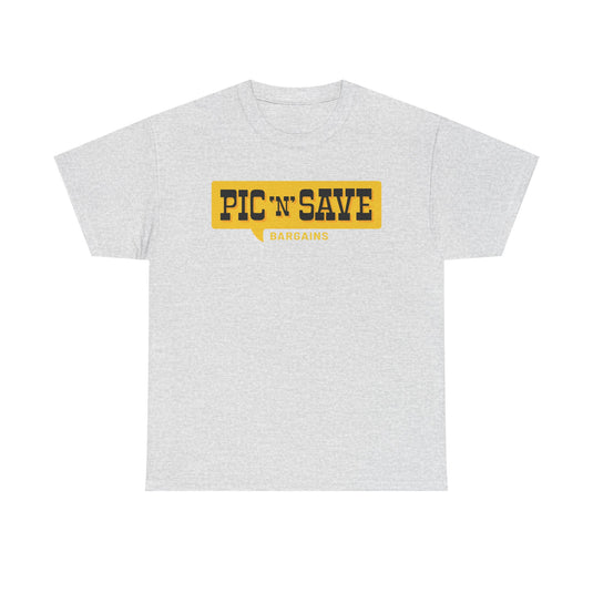 Pic N Save Bargains Yellow Speech Bubble Discount Store Chain T-shirt