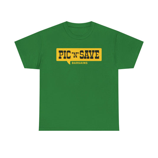 Pic N Save Bargains Yellow Speech Bubble Discount Store Chain T-shirt