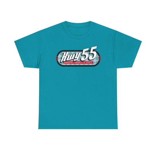 Hwy 55 Burgers Shakes Fries T-Shirt Defunct Restaurant Bankrupt Logo Tee