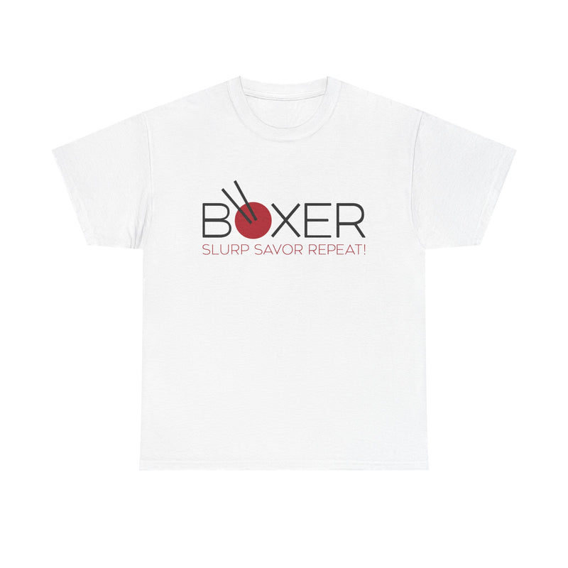 Load image into Gallery viewer, Boxer Ramen T-Shirt Defunct Restaurant Chain Slurp Savor Repeat Noodle Tee
