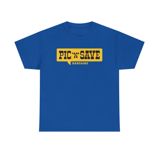 Pic N Save Bargains Yellow Speech Bubble Discount Store Chain T-shirt