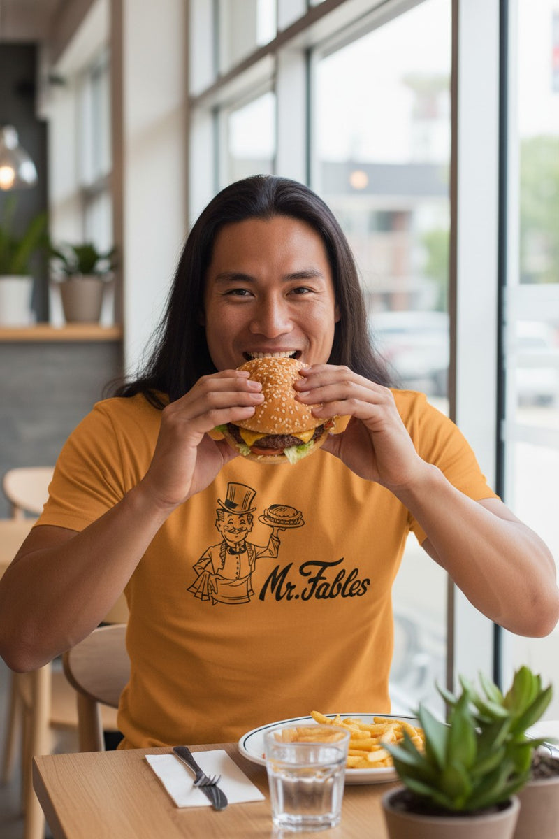 Load image into Gallery viewer, Mr. Fables T-Shirt - Fast Food Restaurant Industry Defunct Logo Tee
