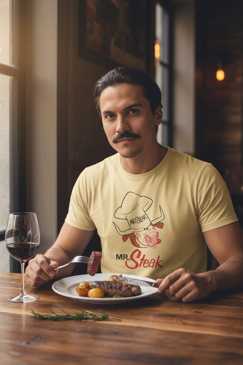 Load image into Gallery viewer, Mr. Steak T-Shirt - Steakhouse Restaurant Industry Defunct Logo Tee
