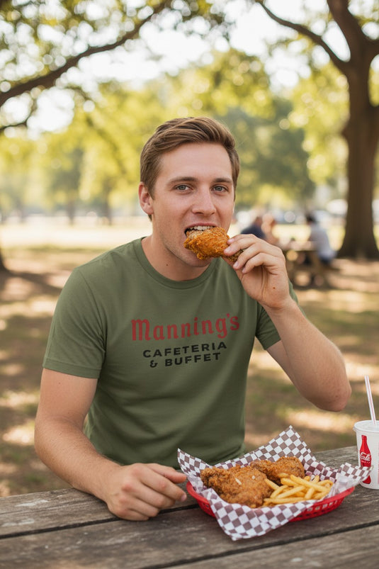 Manning's Cafeterias T-Shirt - Restaurant Industry Defunct Logo Tee
