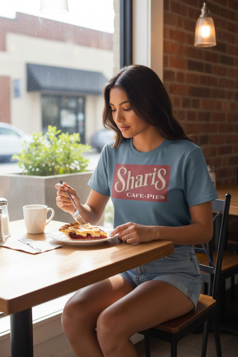 Load image into Gallery viewer, Sharis Cafe Pies T-Shirt - Restaurant Industry Defunct Logo Tee
