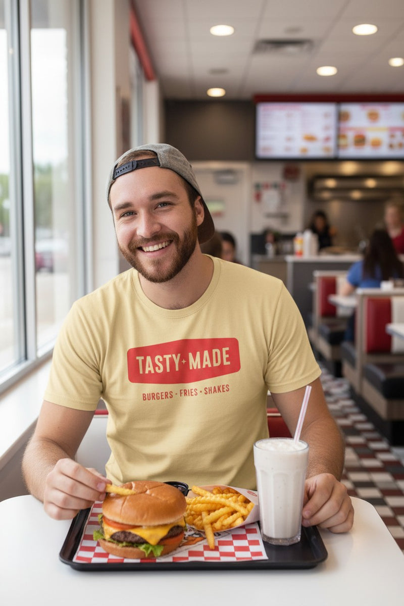 Load image into Gallery viewer, Tasty Made T-Shirt - Burger Restaurant Industry Defunct Logo Tee
