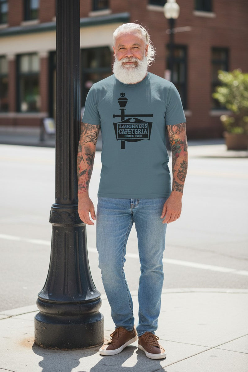 Load image into Gallery viewer, Laughner's Cafeteria T-Shirt - Restaurant Industry Bankrupt Logo Tee
